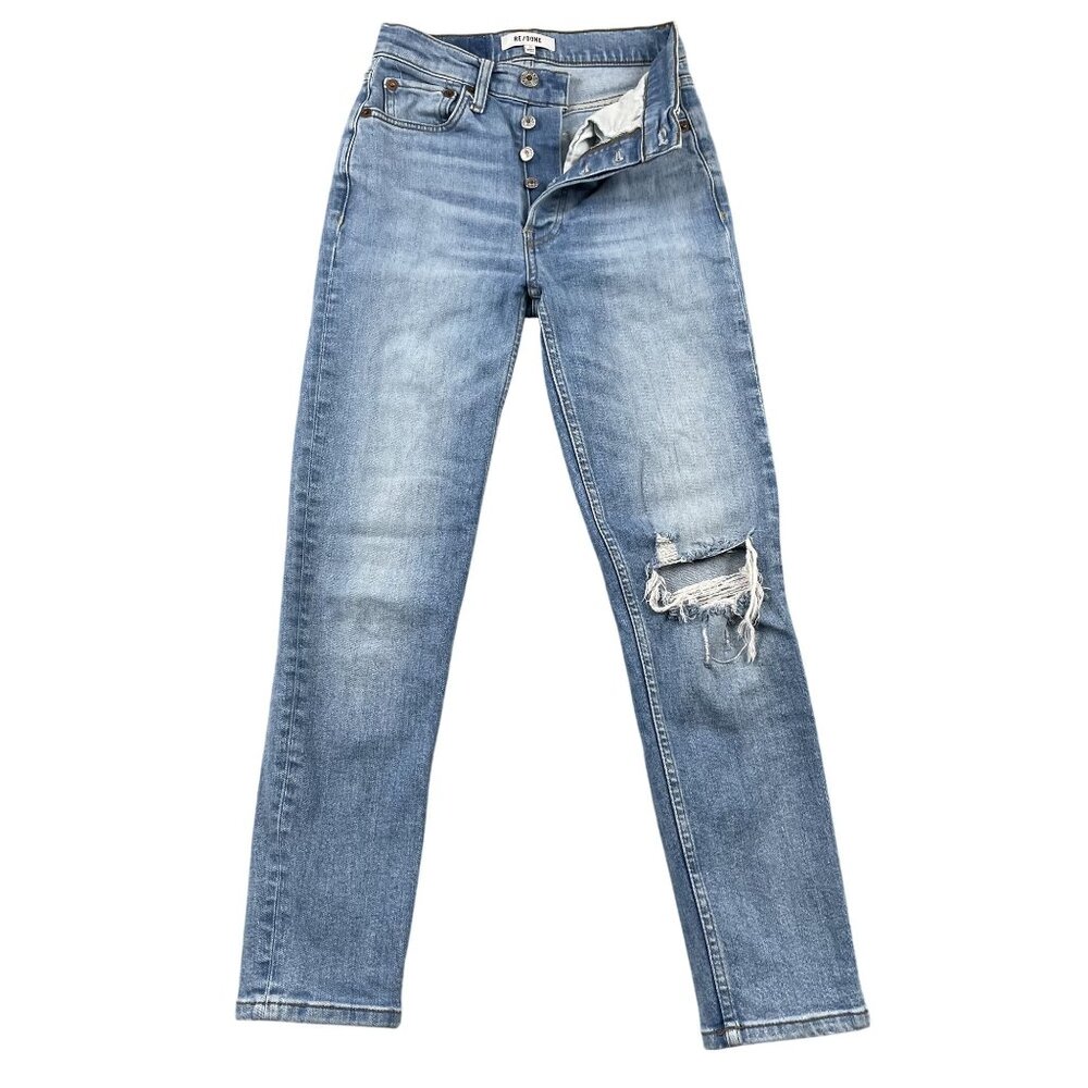 Re/Done Jeans Womens 25 Light Wash Button Fly Mid Rise Distressed Denim - Picture 1 of 8